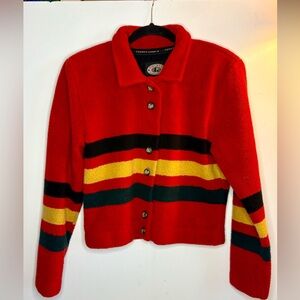 County Clothing Co Red Striped Button-Up Cropped Fleece Jacket Size Small S